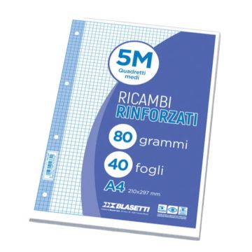 CONFEZIONE 40 FOGLI RICAMBI RINFORZATI A4 QUADRETTI
