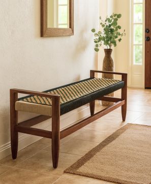 PANCA CM 118X40 H.45 IN LEGNO DI TEAK E CORDA BICOLORE BEIGE/ANTRACITE