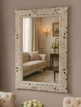 SPECCHIO RETTANGOLARE CM 70X100 IN LEGNO CON CORNICE INTAGLIATA BIANCA