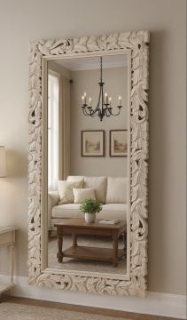 SPECCHIO RETTANGOLARE CM 70X140 IN LEGNO CON CORNICE INTAGLIATA BIANCA