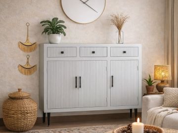 CREDENZA CM 120.5X40 H.99 IN LEGNO E MDF GRIGIO CHIARO EFFETTO CANNETTATO