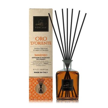 DIFFUSORE PER AMBINETI CON BASTONCINI IMMENSO 1LT ORO D'ORIENTE AMBRA/ PACHOULI/LEGNO DI SANDALO