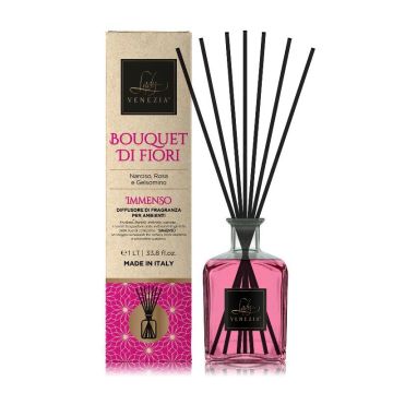 DIFFUSORE PER AMBIENTI CON BASTONCINI IMMENSO 1LT BOUQUET DI FIORI NARCISO/ROSA/GELSOMINO