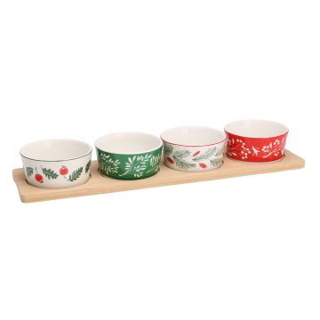 SET APERITIVO NATALIZIO 4 CIOTOLE IN CERAMICA +1 VASSOIO IN LEGNO