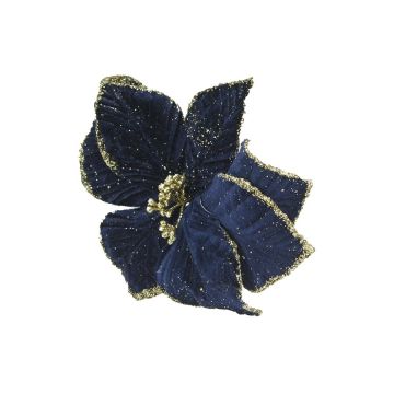 FIORE GAMBO LUNGO IN VELLUTO BLU CON 8 PETALI CON BORDO GLITTERATO ORO