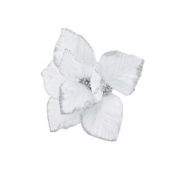 FIORE GAMBO LUNGO VELLUTO BIANCO CON 8 PETALI CON BORDO GLITTERATO ARGENTO