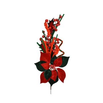 RAMO CON FIORE IN VELLUTO/BACCHE/DECORO VERDE/ROSSO