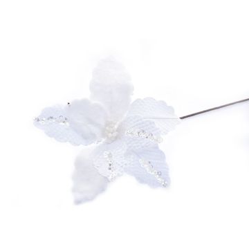 FIORE GAMBO LUNGO IN TESSUTO BIANCO CON STRASS ARGENTO