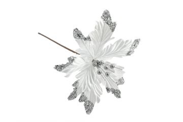 FIORE NATALIZIO BIANCO E ARGENTO D. 30CM CON GAMBO LUNGO