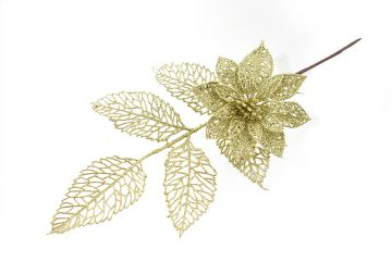 RAMO GLITTERATO CON FOGLIE E FIORE ORO