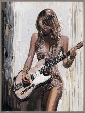 TELA CON STAMPA DONNA CON CHITARRA SU CORNICE DI LEGNO 88X118CM SP 3.7CM