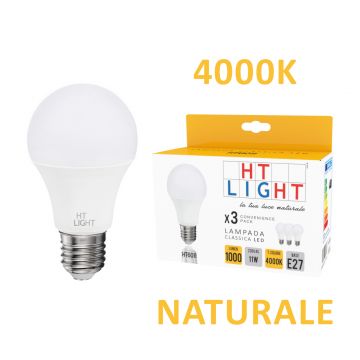 CONFEZIONE 3 LAMPADE CLASSICHE LED 230V 11W E27 4000K