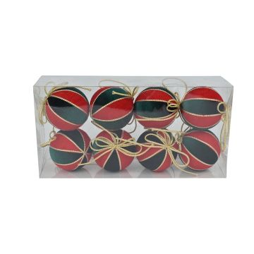 CONFEZIONE 8 SFERE DI PLASTICA D 7CM RIVESTIMENTO IN VELLUTO VERDE/ROSSO