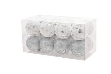 SET 16 SFERE BIANCHE CON FIOCCHI DI NEVE/ARGENTO GLITERATE D 6CM