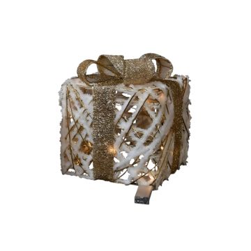PACCO REGALO BIANCO/ORO IN METALLO CON LUCE LED CALDE 25X25 H.30CM
