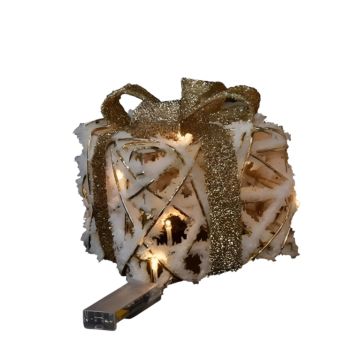 PACCO REGALO BIANCO/ORO IN METALLO CON LUCI LED BIANCO CALDO 15X15 H.17CM 