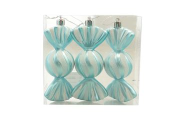 SET DI 3 PENDENTI A FORMA DI CARAMELLA AZZURRO/BIANCO 11.5X4CM H. 12CM