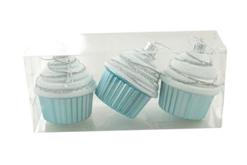 SET DI 3 PENDENTI A FORMA DI CUPCAKE AZZURRO CON GLITTER 5.5X7CM H. 16.5CM