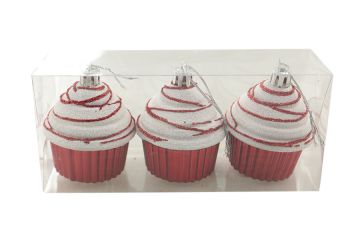 SET 3 PENDENTI A FORMA DI CUPCAKE ROSSO CON GLITTER 5.5X7 H. 16.5CM