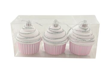 SET DI 3 PENDENTI A FORMA DI CUPCAKE ROSA CON GLITTER 5.5X7CM H. 16.5CM