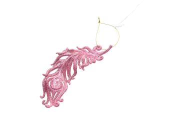 PENDENTE A FORMA DI FOGLIA ROSA GLITTERATO H. 16CM