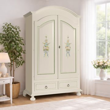 ARMADIO IN LEGNO MASSELLO CM 125X61 H. 200 LACCATO BIANCO CON DECORI