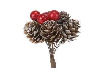 RAMO CON PIGNE NATURALI E BACCHE ROSSE H 16CM INNEVATO