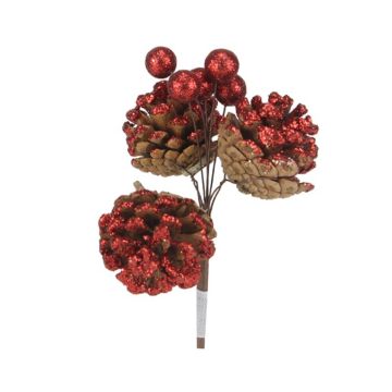 RAMO PIGNE BACCHE ARTIFICIALI COLOR NATURALE E GLITTERATO ROSSO 21X10CM