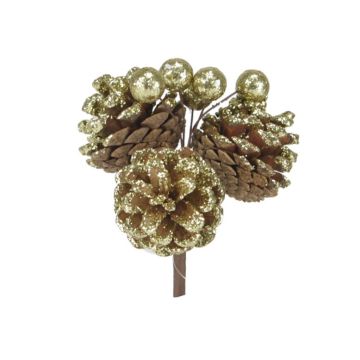 RAMO PIGNE BACCHE ARTIFICIALI COLOR NATURALE E GLITTERATO ORO 21X10CM