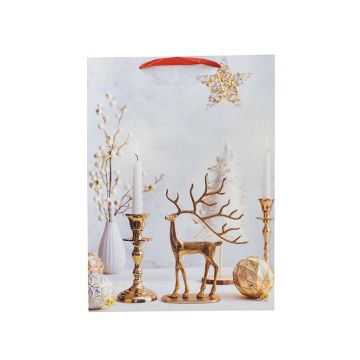 BORSA DI CARTA BIANCA CON DECORO NATALIZIO RENNA DORATA 11X5 H. 18CM