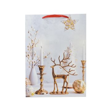 BORSA DI CARTA BIANCA CON DECORO NATALIZIO RENNA DORATA 18X10 H. 23CM