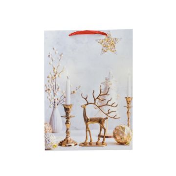 BORSA DI CARTA BIANCA CON DECORO NATALIZIO RENNA DORATA 26.7X13.7 H. 33CM