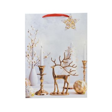 BORSA DI CARTA BIANCA CON DECORO NATALIZIO RENNA DORATA 33X10.5 H. 45CM
