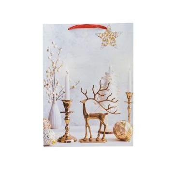BORSA DI CARTA BIANCA CON DECORO NATALIZIO RENNA DORATA 44X17 H. 61CM