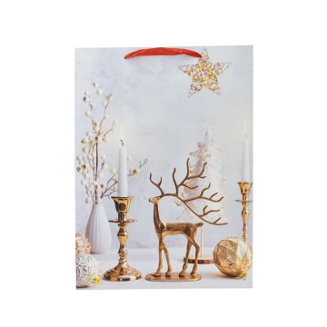 BORSA DI CARTA BIANCA CON DECORO NATALIZIO RENNA DORATA 50X16 H. 72CM