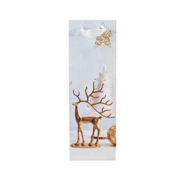 BORSA DI CARTA BIANCA PER BOTTIGLIA CON DECORO RENNA DORATA 12X9 H. 36CM