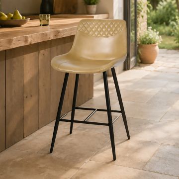 SGABELLO IN METALLO NERO E VERA PELLE BEIGE EFFETTO LUCIDO