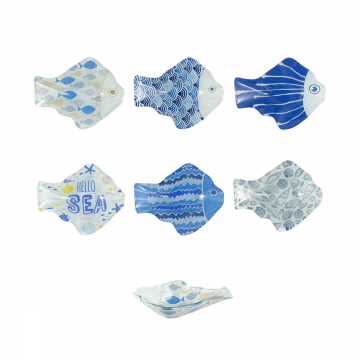 CIOTOLA FORMA PESCE IN VETRO DECORATO 11.5X9 H. 3CM ASSORTITO