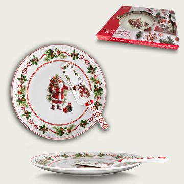 PIATTO PER PANETTONE CON PALETTA IN PORCELLANA MOD. SANTA CLAUS D. 30CM
