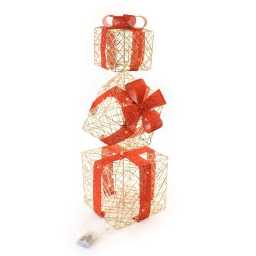 COMPOSIZIONE 3 PACCHI REGALO IN METALLO ORO 90 LED BATTERIA 25X25CM H 78CM