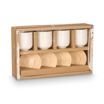 SET 4 TAZZE IN CERAMICA CON SOTTOBICCHIERE IN LEGNO