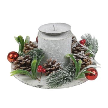 PORTA CANDELA 1 FIAMMA IN LEGNO CON PIGNE E BACCHE 23X21CM H 12CM