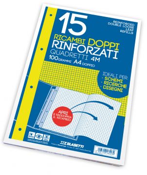 CONFEZIONE 15 FOGLI RICAMBI RINFORZATI DOPPIO A4 QUADRETTI 