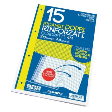 CONFEZIONE 15 FOGLI RICAMBI RINFORZATI DOPPIO A4 QUADRETTI 