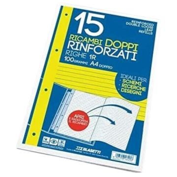 CONFEZIONE 15 FOGLI RICAMBI RINFORZATI DOPPIO A4 RIGHE 