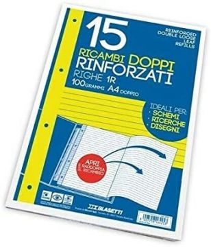 CONFEZIONE 15 FOGLI RICAMBI RINFORZATI DOPPIO A4 RIGHE 