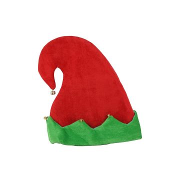 CAPPELLO DA ELFO IN TESSUTO VERDE E ROSSO H. 30CM CON CAMPANELLINO