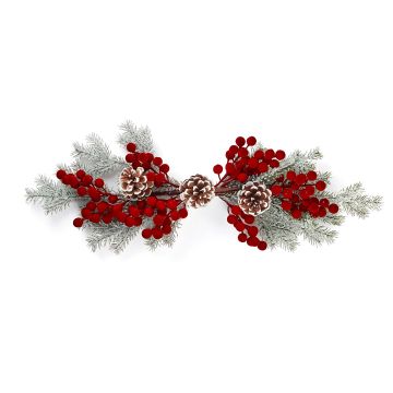CENTROTAVOLA INNEVATO CON BACCHE FLOCCATE BORDEAUX E PIGNE 70X8CM H 8CM