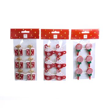 SET 6 MOLLETTE IN LEGNO CON DECORO IN PANNOLENCI ROSSO 4X4.5 ASSORTITO