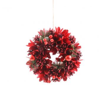 CORONA DIETROPORTA NATALIZIA CON FIORI/PALLINE E PIGNE GLITTERATE ROSSA D. 25CM H. 8CM